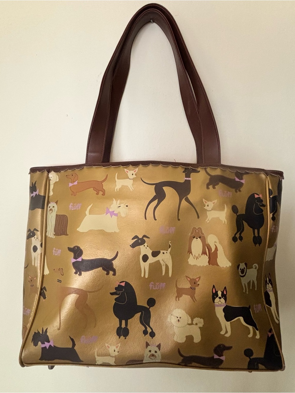 Vintage Fluff Metallic Gold Dog Breeds Vinyl Shoulder Tote Bag Made In USA